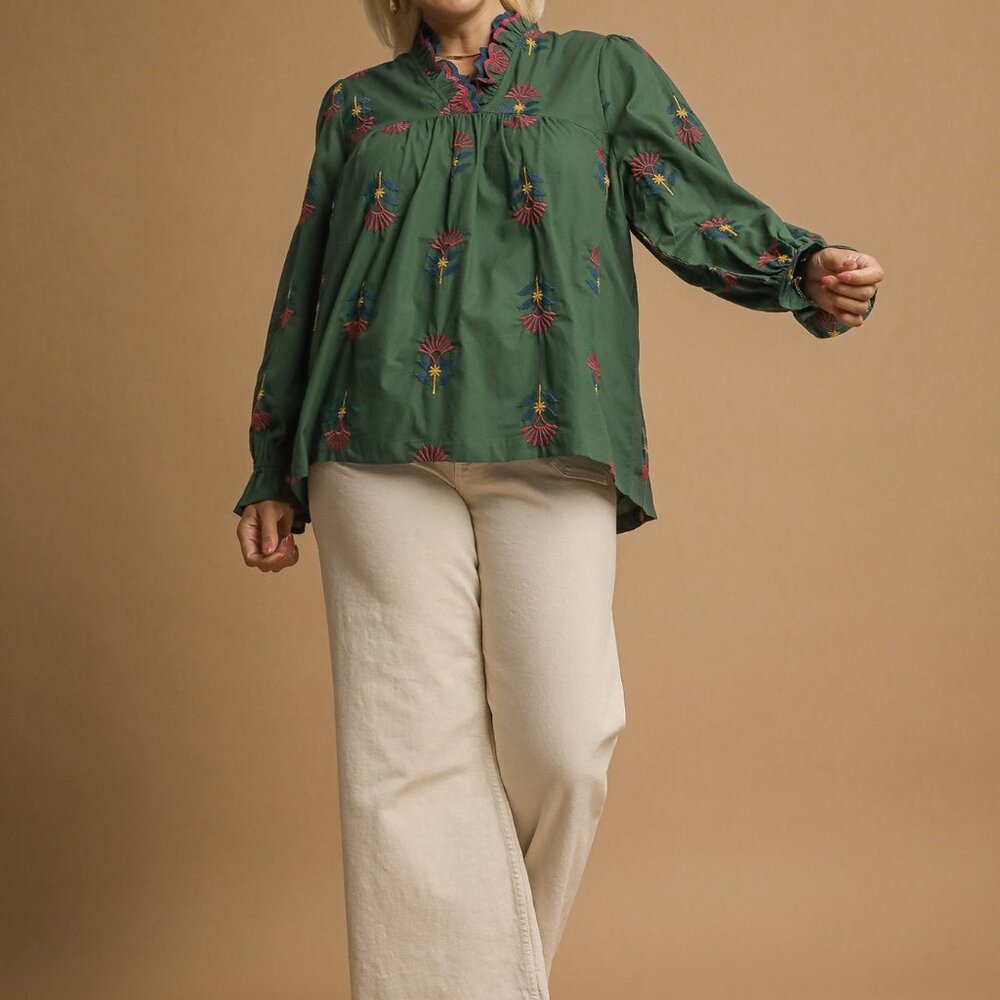 UMGEE Embroidered Floral Ruffle Neck Blouse - Hunter Green - Picture 3 of 7